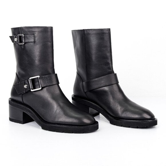 Stuart Weitzman Women Belted Black Leather Slip on Buckle Moto Ankle Boots 8.5